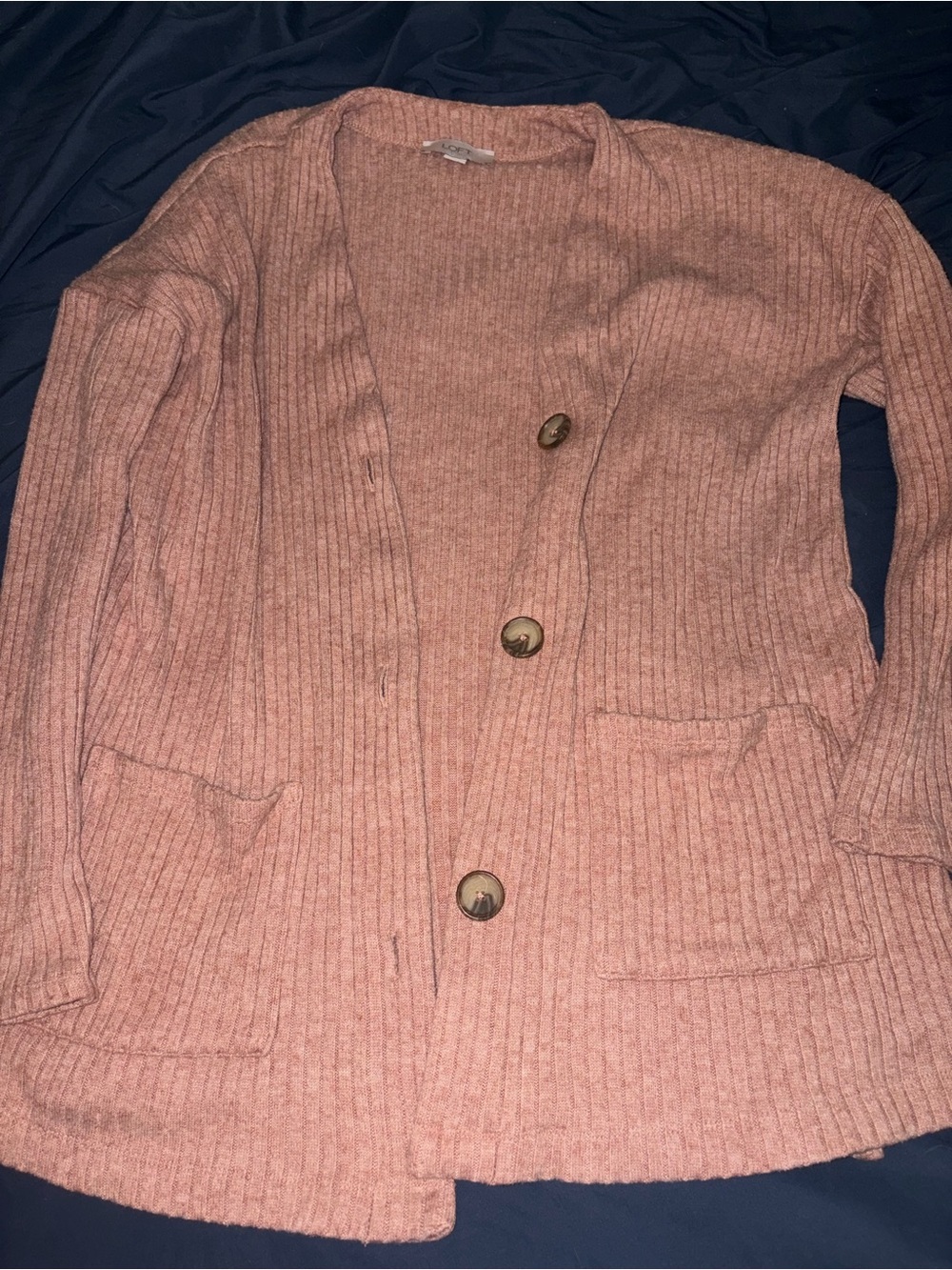 LOFT Ribbed Button-Front Cardigan in Rose